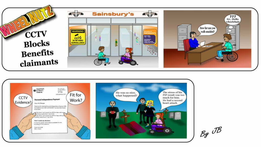 Comic strip about how shopping center CCTV footage sent to DWP is blocking benefit claims