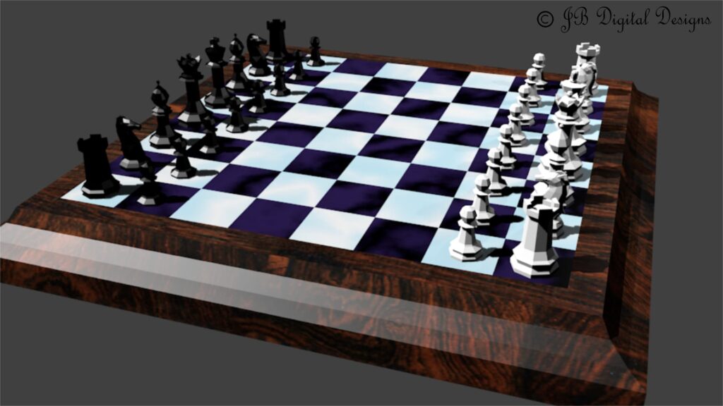 Chess board with black and white pieces on their starting points