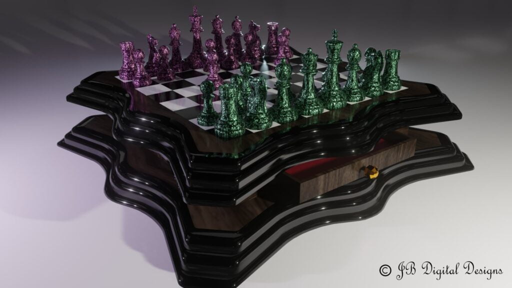 Chess board with a drawer and green and pink chess pieces