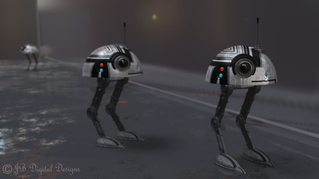 Two black and white robot domes with legs