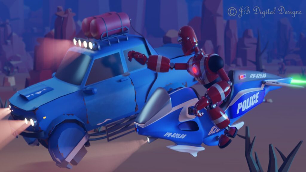 Red robot flying on a police bike chasing a blue car