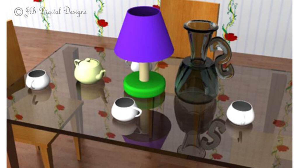 Glass table top with lamp, cups and a teapot