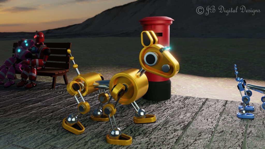 Gold robot dog standing next to a red post box