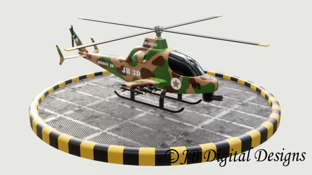 Camouflaged helicopter sitting on a heli pad