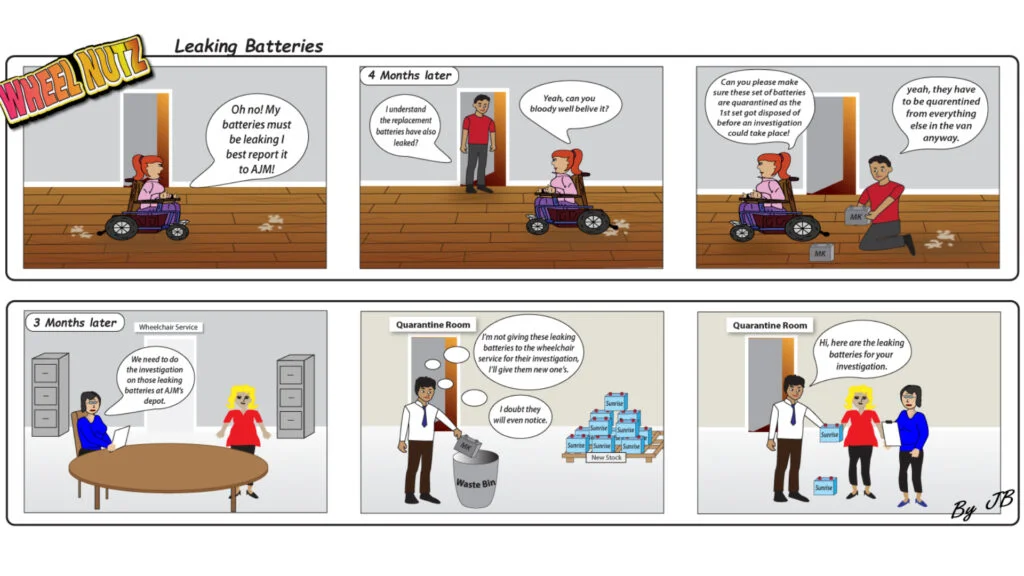 Comic strip about electric chair batteries leaking