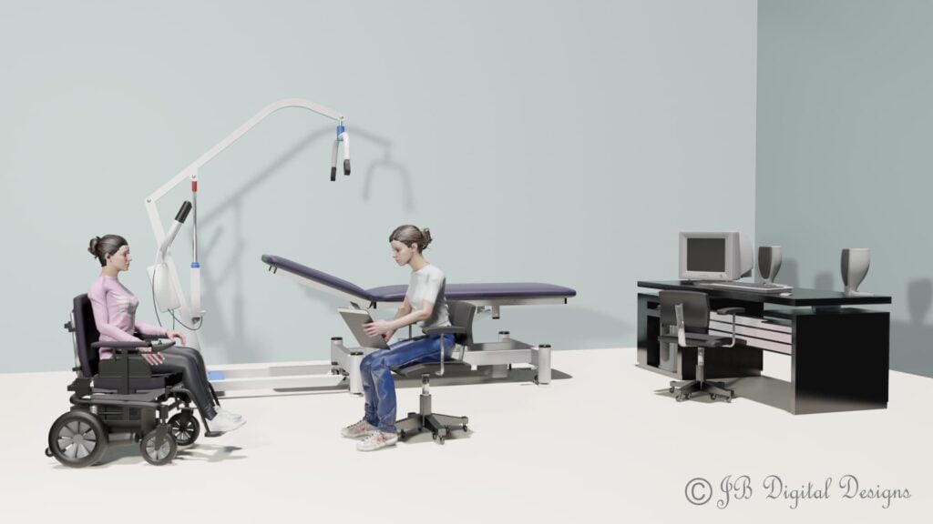 Person in a wheelchair being assessed in a medical room