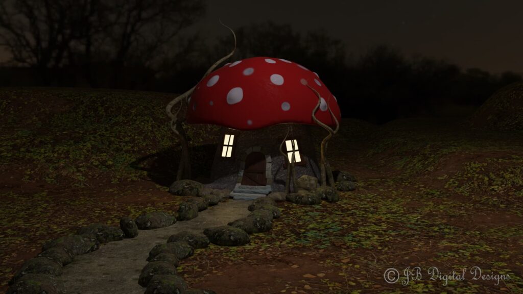 House in the shape of a mushroom with red polka dot roof