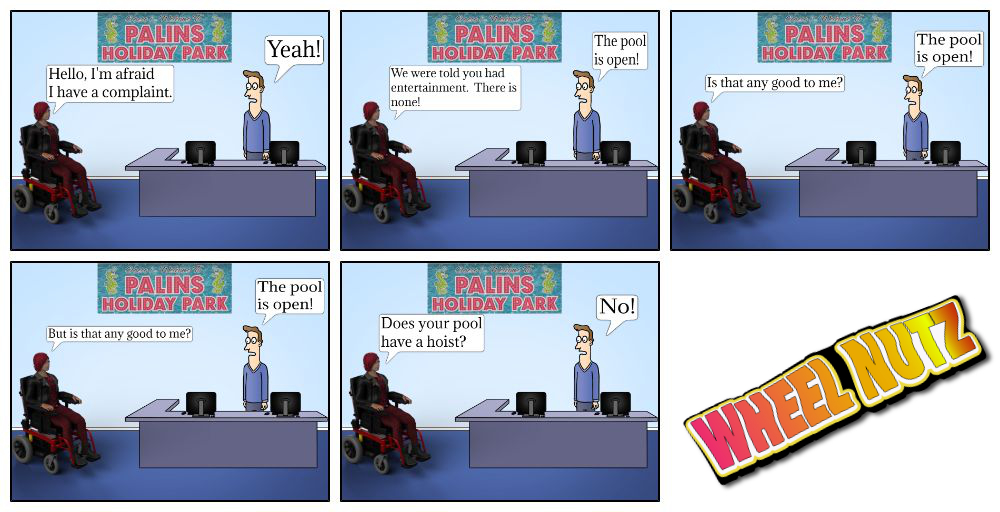 Cartoon strip about manager claiming pool is open even though no entertainment