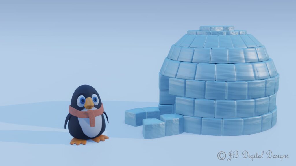 Penguin with a red scarf standing next to an igloo