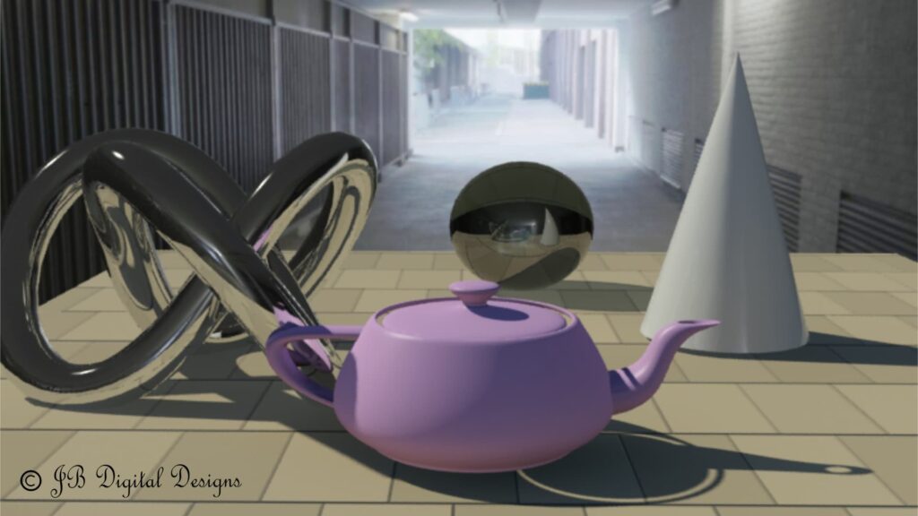 Purple teapot sitting on the ground next to a stone cone and silver figure of eight shape