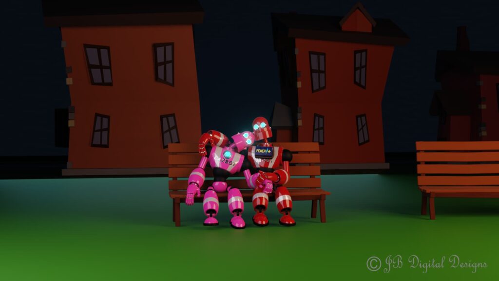 Two robots sitting on a bench with two houses in the background