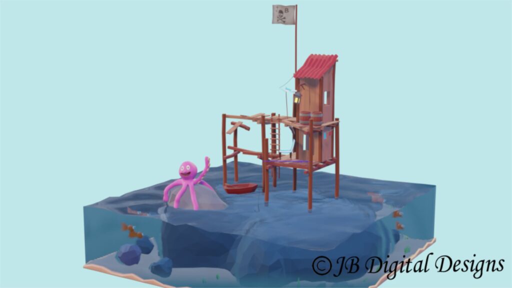 Sea shack in the the water next to an octopus and mini boat