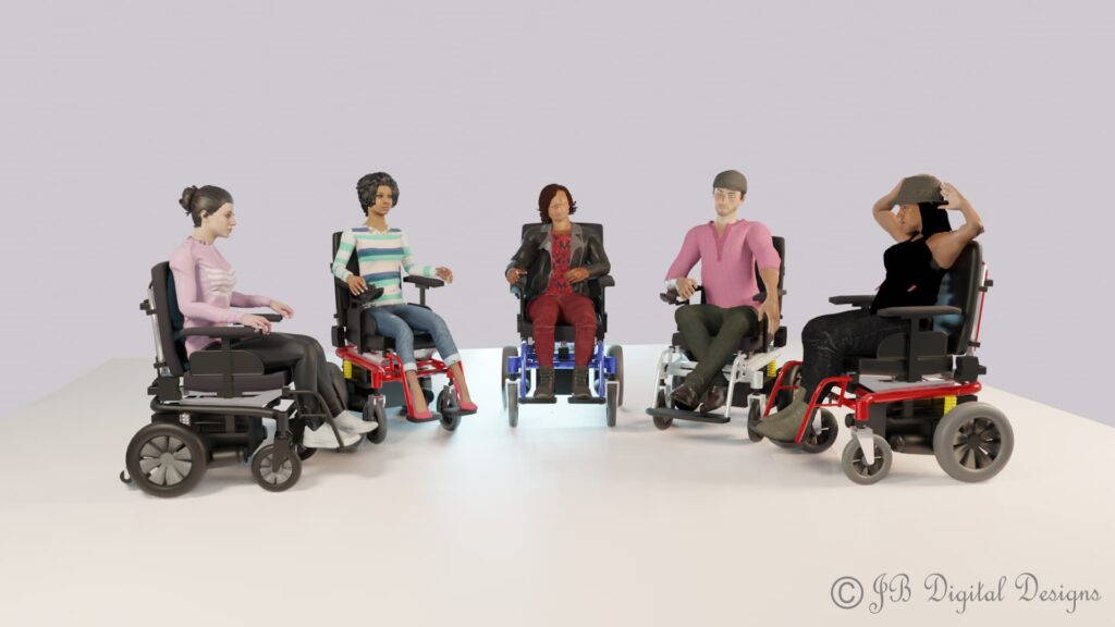 Five wheelchair users sitting in a semi-circle