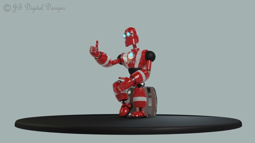 Red and silver robot sitting on a wooden barrel