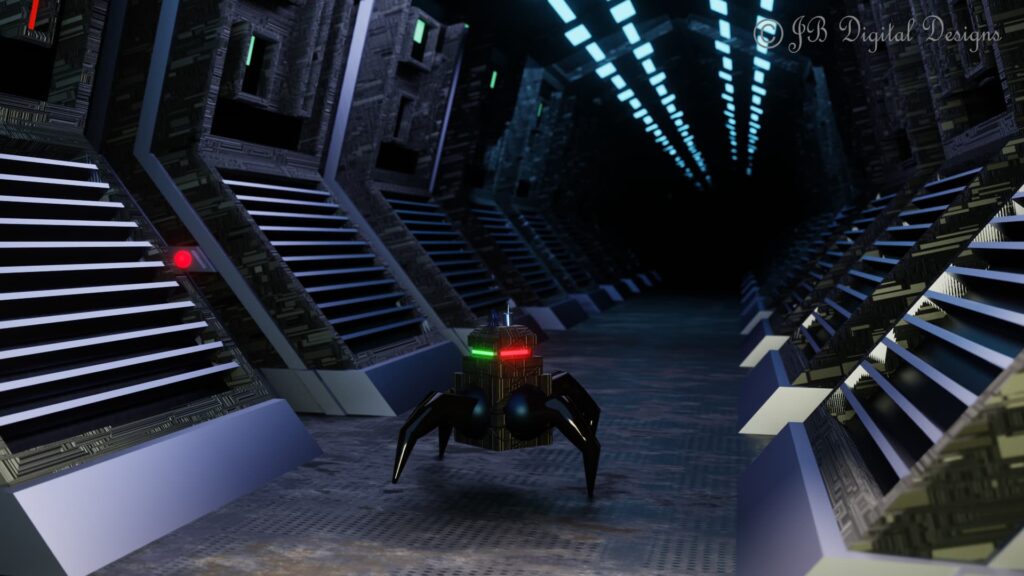 Spider like robot walking down the corridor of a spaceship