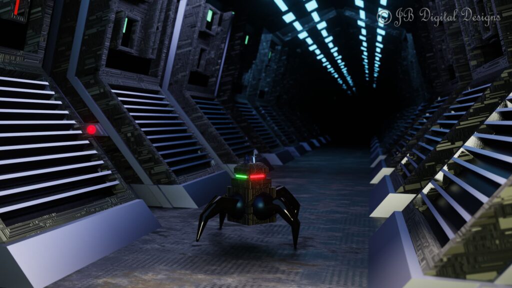 Spider like robot walking down the corridor of a spaceship