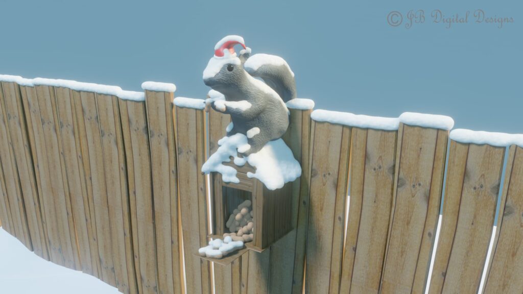 Squirrel sitting on a fence above a box filled with nuts covered in snow