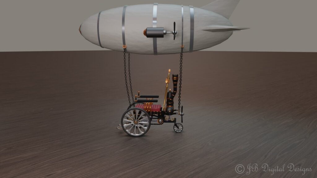 Steampunk wheelchair hanging from a hot air balloon