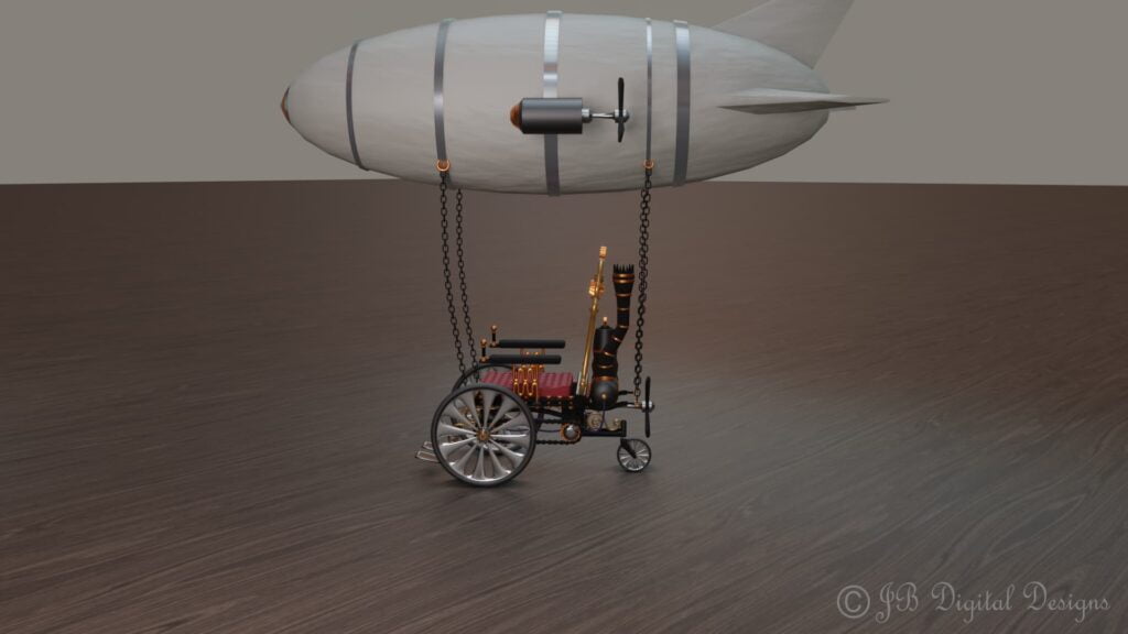 Steampunk wheelchair hanging from a hot air balloon
