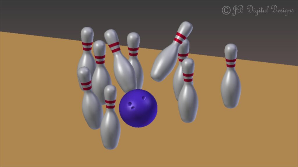 Blue bowling ball hitting into some ten pin pins