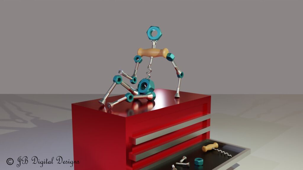 Nut and bolt robot sitting on top of a red toolbox