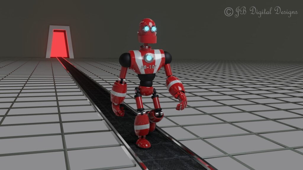 Red and whit robot walking along a conveyor belt on the floor