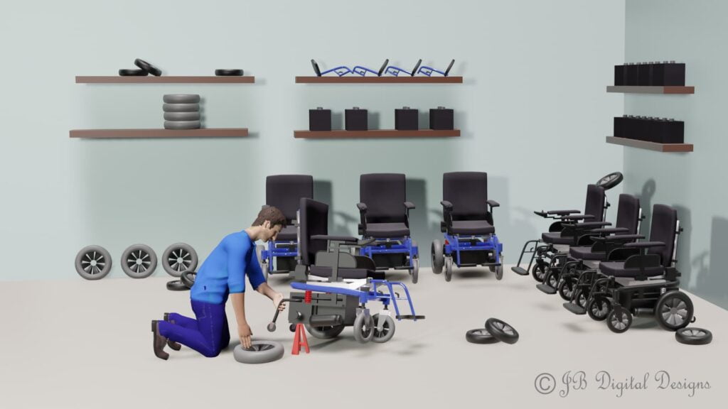 Man repairing a wheelchair scene