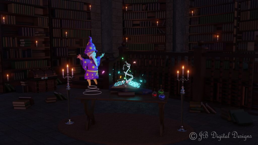 Wizard performing spells in his library