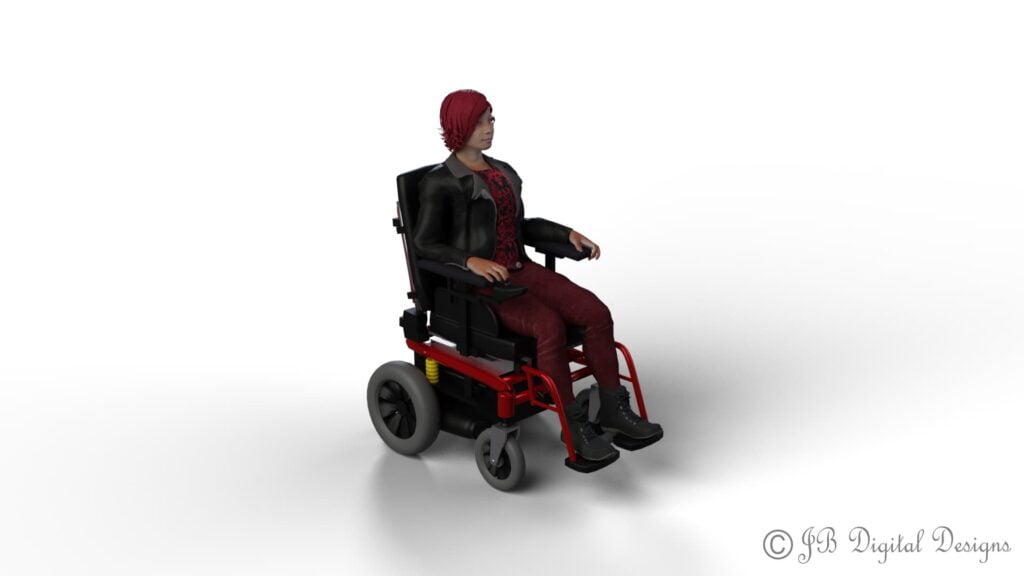 Red headed woman sitting in a wheelchair