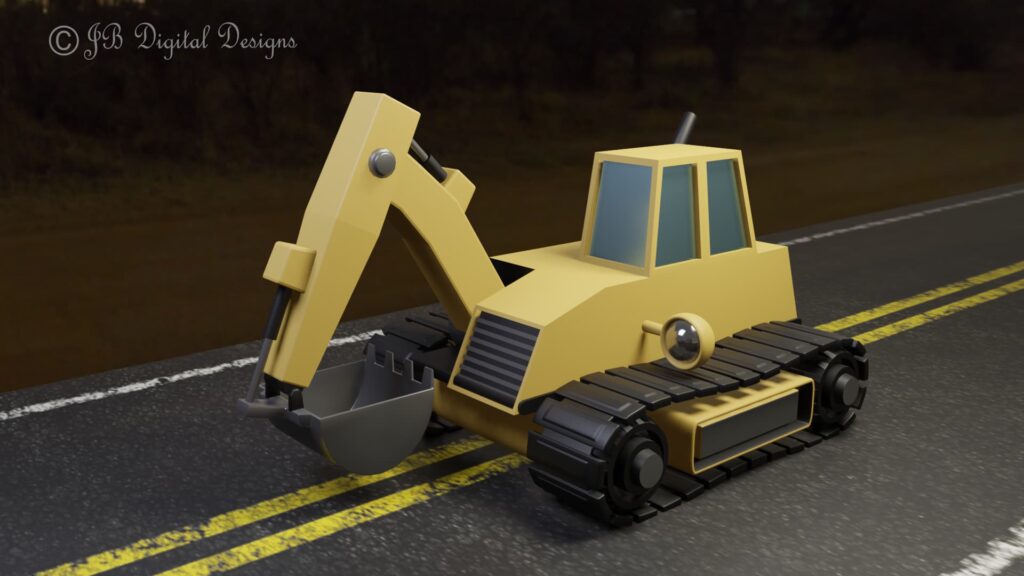 Yellow digger with large rubber like track wheels