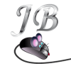 Silver JB letters with a computer mouse underneath with pink ears